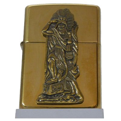 Accendino a benzina zippo, modello Indios, brass lucido, placca