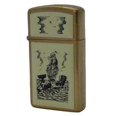 Accendino a benzina zippo slim, modello Brass Scrmshw, placca in resina