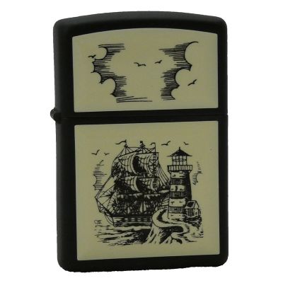 Accendino a benzina zippo, modello black scrimshaw, placca